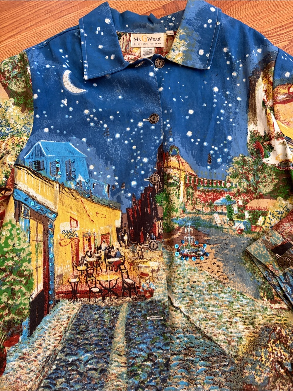 Ms. G Wear Starry Night Cafe-Print Button Front Shirt - Blue/Yellow